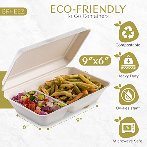 brheez Disposable Clamshell To Go Containers (50 Pack) Bagasse Fiber Biodegradable Containers With Lids, 9"x6" (2-Compartment Boxes) For Takeout, Parties, & Holidays - Chemical Free, White - Image 3