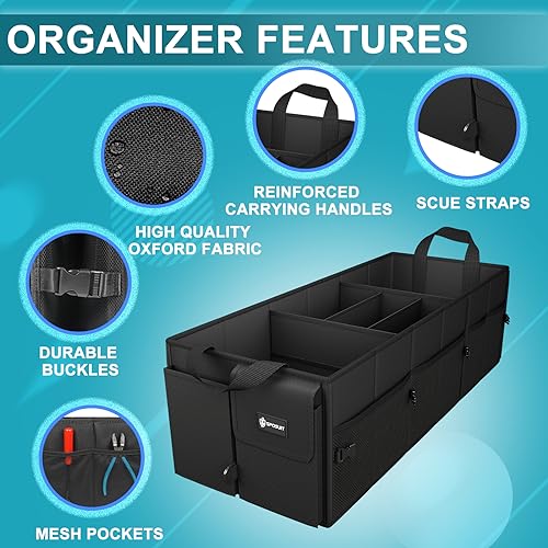 Image of Sposuit Large Trunk Organizer - 98L Collapsible Car Storage Organizer | Removable Dividers, Adjustable Securing Straps, SUV Trunk Organizers for Grocery Cargo, Car Organization for Truck SUV Van