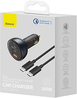 Baseus 160W Triple Quick Car Charger | Qualcomm QC 5.0, PD 3.0, USB-A, USB-C Ports | 100W + 30W + 30W Fast Charging for Mobile Phones, Tablets, Laptops | Includes Type-C Cable | Navy Blue