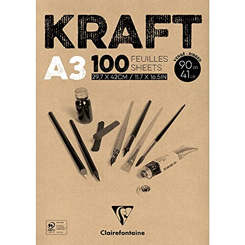 Clairefontaine 96546C Bloc Encollé Papier Kraft - 100 Feuilles Papier Kraft Vergé Brun A3 29,7x42 cm 90g - Papier Double Face pour le Croquis et le Dessin