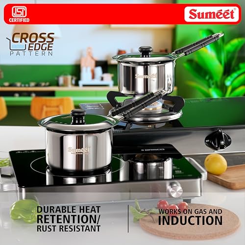 Image of Sumeet ISI Certified HeavyPly Premium Stainless Steel Cross Edge Induction & Gas Stove Friendly Saucepan /Milk Pan /Tea Maker with Lid - 1150ml