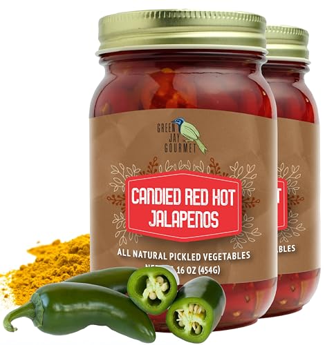 Green Jay Gourmet Pickled Candied Red Jalapeños in a Jar - Fresh Hand Jarred Vegetables for Cooking &amp; Pantry – Pre-Prepared Pickled Red Candied Jalapeños – Simple Natural Ingredients - 2 x 16 Ounces