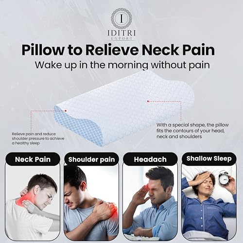 Image of Orthopedic Memory Foam Pillow with 9 cm and 12 cm Heights, Cervical Contour for Neck and Shoulder Relief, Breathable Jacquard Cover, Sky, 60 x 35 cm Ergonomic Bedding Sleep Aid Support
