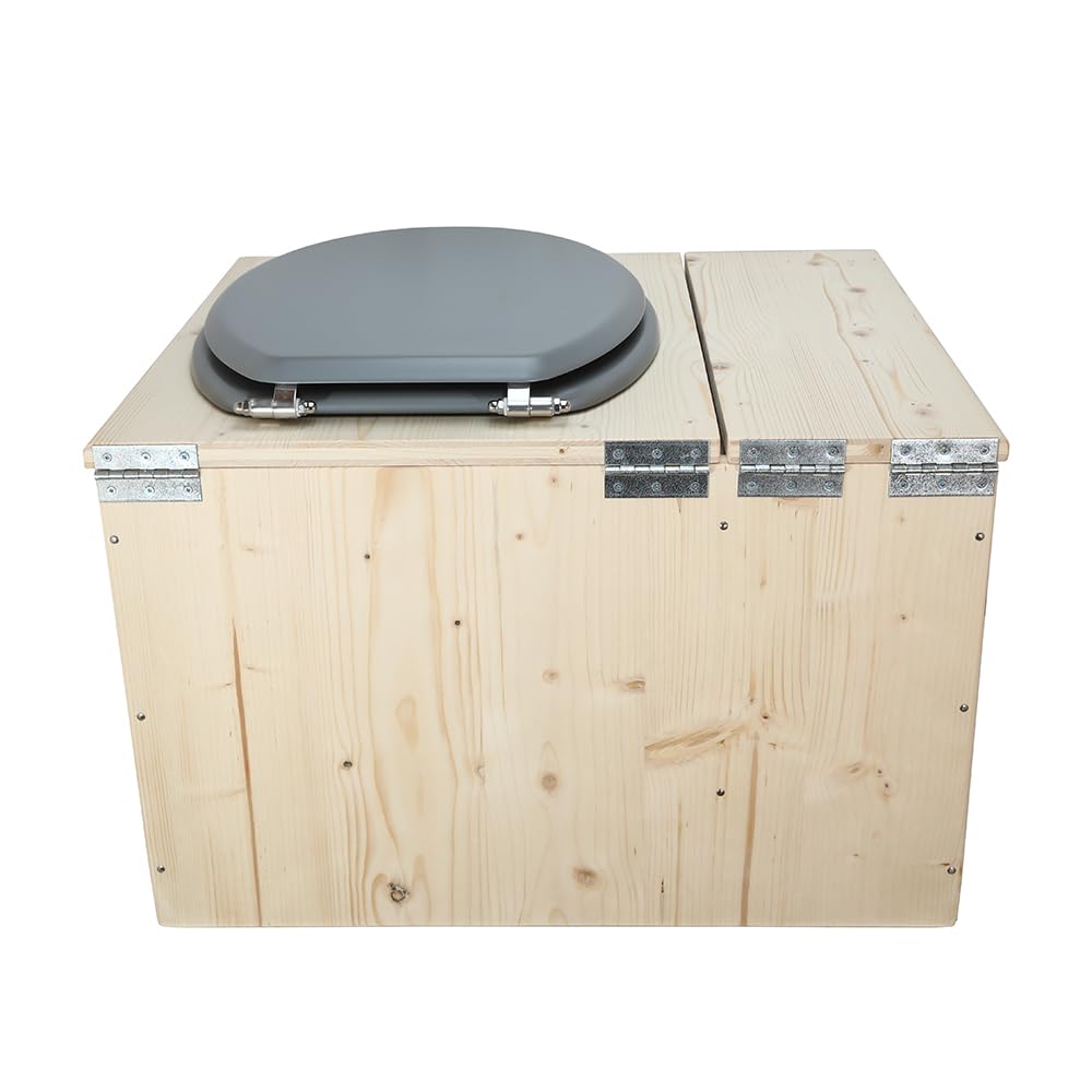 Toilette sèche en bois avec bac à copeaux intégré, bavette inox et seau 22L plastique - La Bac Gris clair 22 litres - Fabrication Française - N4