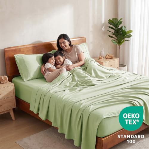 Image of LANE LINEN 100% Organic Cotton Bedsheet for Double Bed King Size - Sea Foam | GOTS Certified, Percale Weave, 108x108 inches, Soft & Breathable, Machine Washable, Includes 2 Pillow Covers