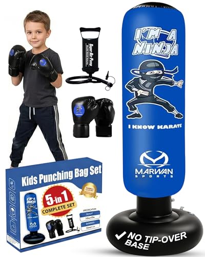 Marwan Sports 5-in-1 Kids Punching Bag Set with Gloves, Pump...