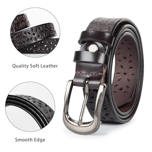 Women Men Western Cowboy Leather Belts Floral Engraved Embossed Genuine Cow-Leather Cowgirl Waist Vintage Alloy Buckle Belt4