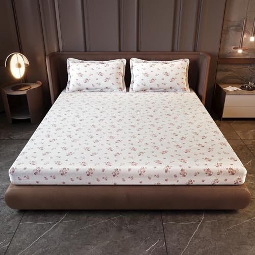 Image of Divine Casa 210 TC Pigment Twill Satin Cotton King Size Bedsheet | Soft Breathable Bed Sheet for King Size Bed with 2 Pillow Covers | 275 x 275 cm (Cream White, Floral)