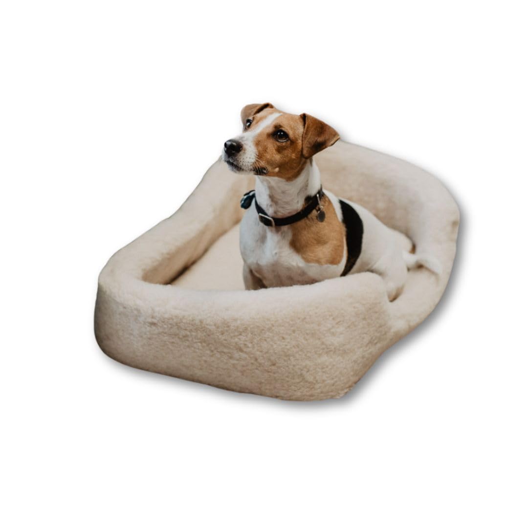 Cama para Perros de Lana de Oveja - Cama para Perros Pequeños y Medianos - 40x60cm - Cojín para Perros en Tejido Natural Transpirable - con Cojín Interior Extraíble - Natural