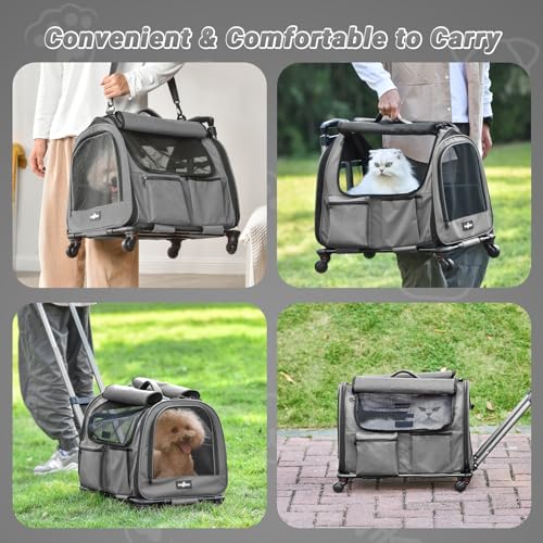 Large Pet Carrier with Wheels, Foldable Rolling Dog Carrier with Big Pocket, Cat Rolling Bag 21"x13"x13" for 2 Cats &Dogs, for Travel, Outdoor, Vet Visits, Camping, Indoor. Gray. (Not for Airline)