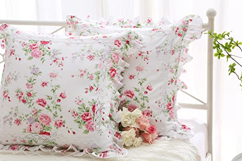 Rosen-Blumenmuster, Euro-Kissenbezüge, Rüschen, Kissenbezüge, 66x66 cm, 2er-Pack, Vintage-Baumwoll-Kissenbezüge, Bauernhaus, französisches Landhaus, Reißverschluss (Shabby Rose, 66x66 cm) Cover