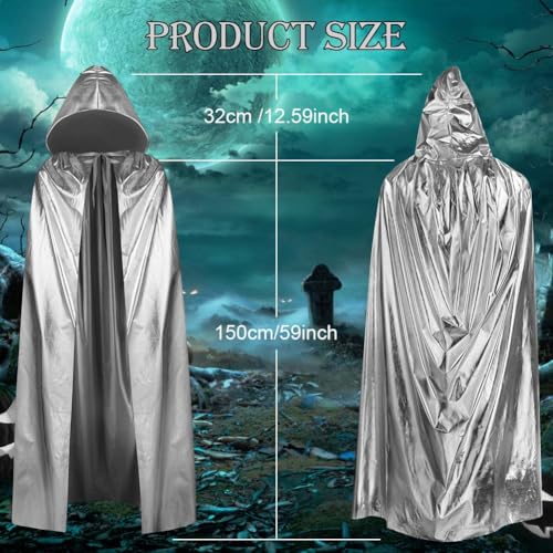 Aomig Silber Umhang Vampir Umhang Jedi Mantel Mittelalter Umhang mit Kapuze Erwachsene Unisex Scream Kinder Cape Kostüm Damen Halloween Costume Maskerade Familienfeier Herren Karneval Cosplay-150cm