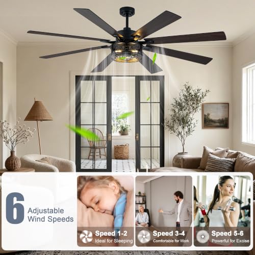 Image of 72 Inch Farmhouse Ceiling Fan with Lights Remote Rustic Fandelier | Black Caged Fandalier Ceiling Fan Industrial Large Chandelier, Reversible 6 Speed 8 Dual Blades 3 E26 Sockets for Living Room