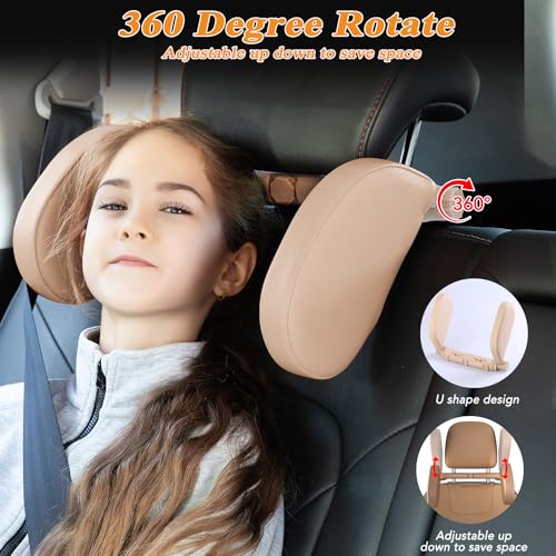 Image of JZCreater Car Headrest Pillow, Car Seat Headset Pillow Support with Card Slot, Car Seat Back Hanger Hook, 360Adjustable U Shaped Car Sleeping Pillow for Kids Adults(Beige)