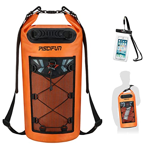 Image of Piscifun Waterproof Dry Bag Backpack 40L Floating Dry Backpack with Waterproof Phone Case for Water Sports - Fishing Boating Kayaking Surfing Rafting Camping Gifts for Men and Women Orange