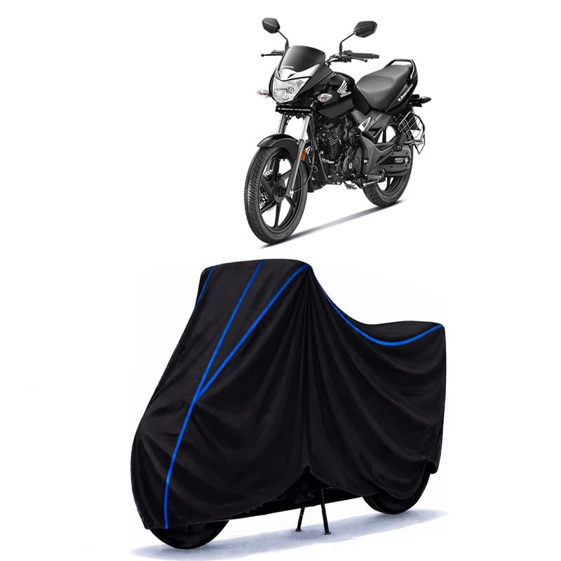 Image of Unicorn 160 Bike Cover Water Resistant Universal Motorcycle Rain | Heavy Duty UV Protection, Dust, Scratch Indoor Outdoor All Weather with Black Blue Piping Elastic