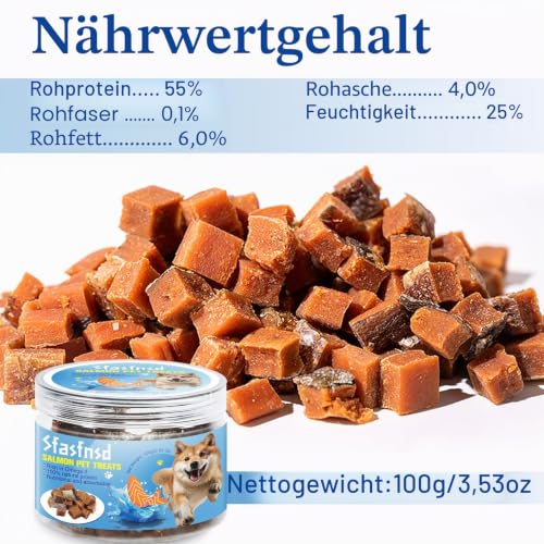 Lachs Hundeleckerlis,Hundetraining Leckerlis Belohnung, natürliche fettarme Lachssnacks für Hunde, reich an Omega 3, nahrhaft und Gute Absorption, gesunde Hundeleckerlis Hundesnack 100g