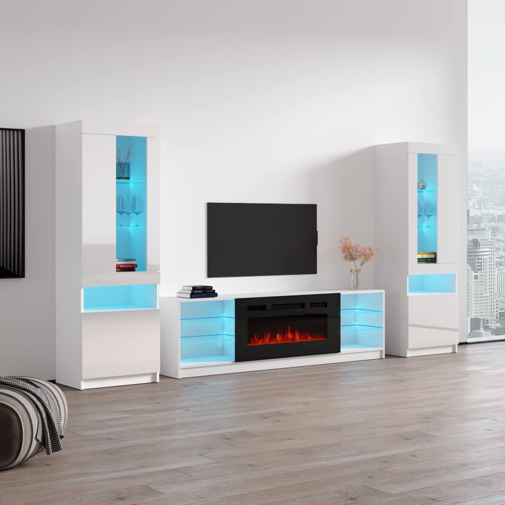 Meble Furniture Boston 01 Electric Fireplace TV Stand — Floating Entertainment Center with LED Lights and Komi Bookcases — Engineered Wood, 70.9" W x 15.7" D x 35.4" H — White