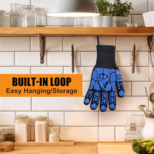 Image of BBQ Gloves, Oven Gloves, 1472F Extreme Heat Resistant Barbecue Gloves, Silicone Non-Slip Oven Mitts, Kitchen for Cooking, Grilling, and Baking (Blue)