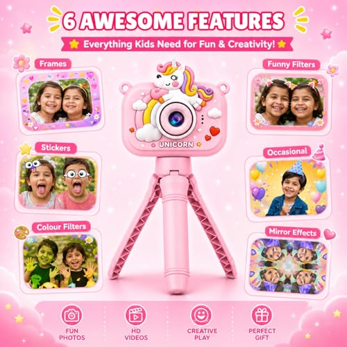 Image of Toy Imagine Unicorn Design Kids Digital Camera with Tripod 48MP HD Photos & 1080P Video Recording Filters,Frames & Inbuilt Games Birthday Gift for Boys & Girls Age 6-12 (Assorted) Card Not Included