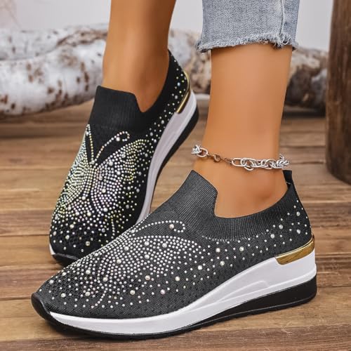 Women's Glittery Rhinestone Fashion Breathable Wedge Sneakers, Butterfly Embellished Sparkly Shoes, Women Sparkly Mesh Slip-On Walking Sneaker2