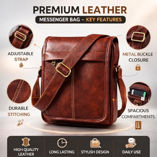 Image of Men's Leather Sling Bag Crossbody Messenger Shoulder Bag | Stylish Office Travel Side Bag with Multiple Compartments, Adjustable Strap & Secure Pockets for Daily Use