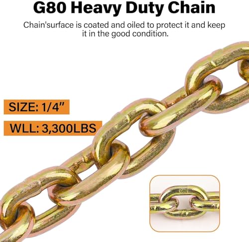 Image of 1 /4 inch-5 /16 inch Chain Binders and G80 Transport Binder Chain 1 /4 inch x 15 Feet, Grade 80 Ratchet Load Binder 1 /4 to 5 /16 with G80 Clevis Grab Hook, 2,200lbs Working Load Tie Down Kit for Towing