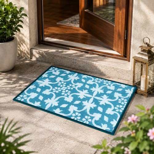Image of Matz&More Tiles Floral Floor Mat | 40x60 CM | Turquoise | Nylon Tufted Gel Baking Anti-Slip | Doormat for Home Entrance, Kitchen & Bedroom