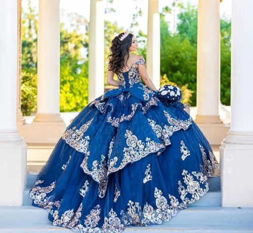 Gold Lace Appliques Quinceanera Dresses Layered Tulle Sweet 16 Dresses Off Shoulder Vestidos De 15 Años with Bow3