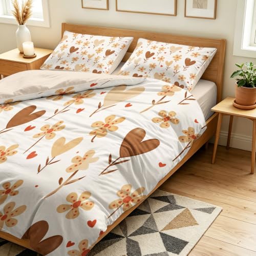 Housse de couette 240x220 cm floral et drap en microfibre marron clair - 4