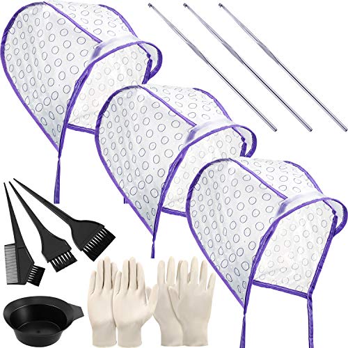 Hair Coloring Set, Includes 10 Hair Highlighting Cap Disposable Highlight Tipping Cap, 4 Hair Coloring Brush Tools Set, 3 Metal Hook, 2 Hair Dye Latex Glove for Salon Home Hair Dyeing Coloring Supply