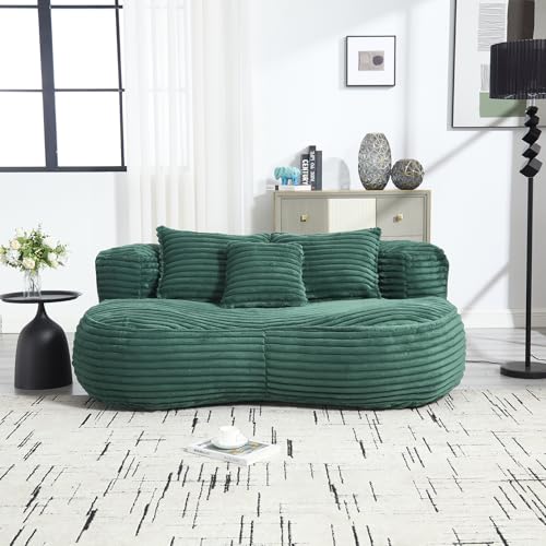 Oversized Bean Bag Couch for Adults, Corduroy Bean Bag Chair with Foam Filler, Upholstered Lounge Sofa with 3 Soft Pillows, Comfy Lounger Giant Beanbag, Lazy Floor Sofa Cloud Loveseat, Emerald