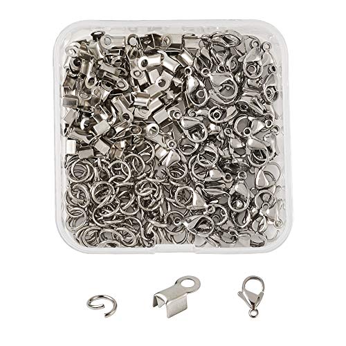 Pandahall 250pcs/Kits 100pcs 304 Stainless Steel Fold Over Crimp Cord Ends & 50pcs Lobster Claw Clasps & 100pcs Jump Rings Terminators Clamp End Tips for 4mm Leather Ribbon Ending Connector