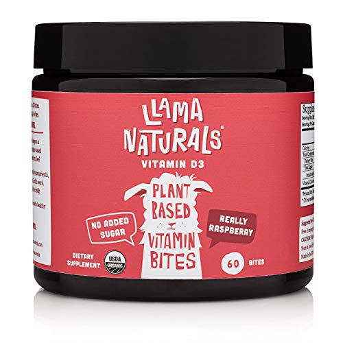 Llama Naturals Organic Vitamin D3 Gummies (Adults + Kids); Real Fruit, No Added Sugar or Sweeteners; Healthy Bones, Immunity, and Mood; 1,600 IU per bite; 60 Vegan Bites (30-60 Days) (Raspberry)