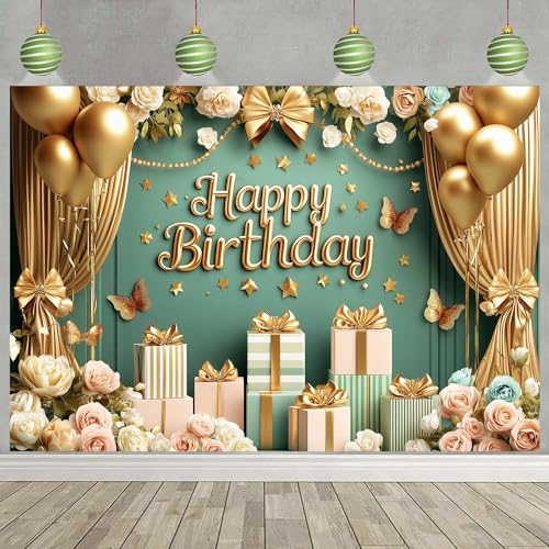 Image of Gold Green Birthday Decorations Banner Butterfly Flower Floral Banner Birthday Photography Background for Girls Women Adults Party Decoration Photo Booth Prop 71 x 43 Inch