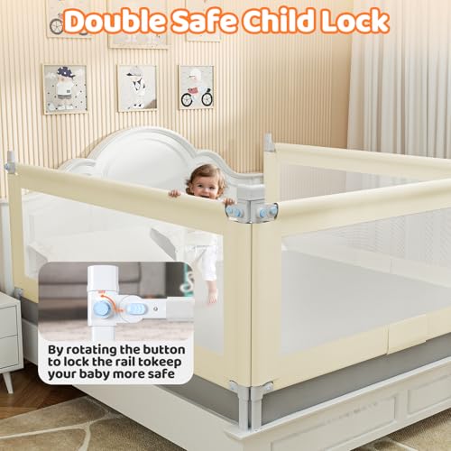 Bed Guard Rail for Toddlers - 74.8" Quick Assembly & Double Side Lift with Safety Child Lock - Adjustable Height Baby Bed Rails for Queen Full King Twin Crib Bunk Size Bed(Beige, 1 Pack)