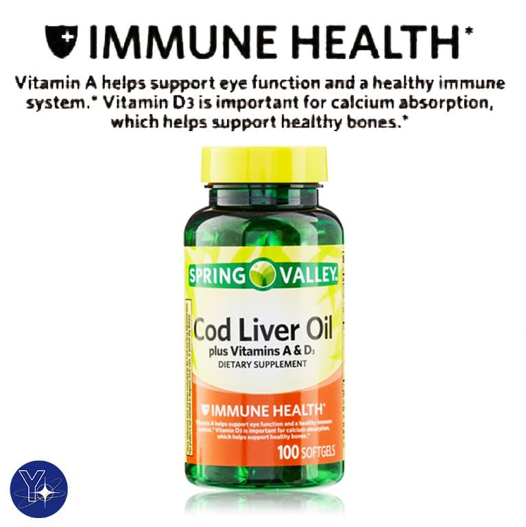 Cod Liver Oil Plus Vitamins A & D3 Immune Health Dietary Supplement Softgels Spring Valley, 100 Count and Bookmark Gift of YOLOMOLO