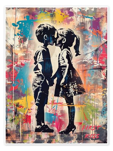 First Kiss, Street Art Graffiti Poster de Frank Daske 70 x 90 cm Déco colorée Tableaux Décoration murale