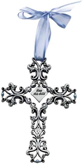 Cathedral Art(Abbey & CA Gift Bless This Child Blue Ribbon Baby Cross, Silver, 5.00" x 5.00"