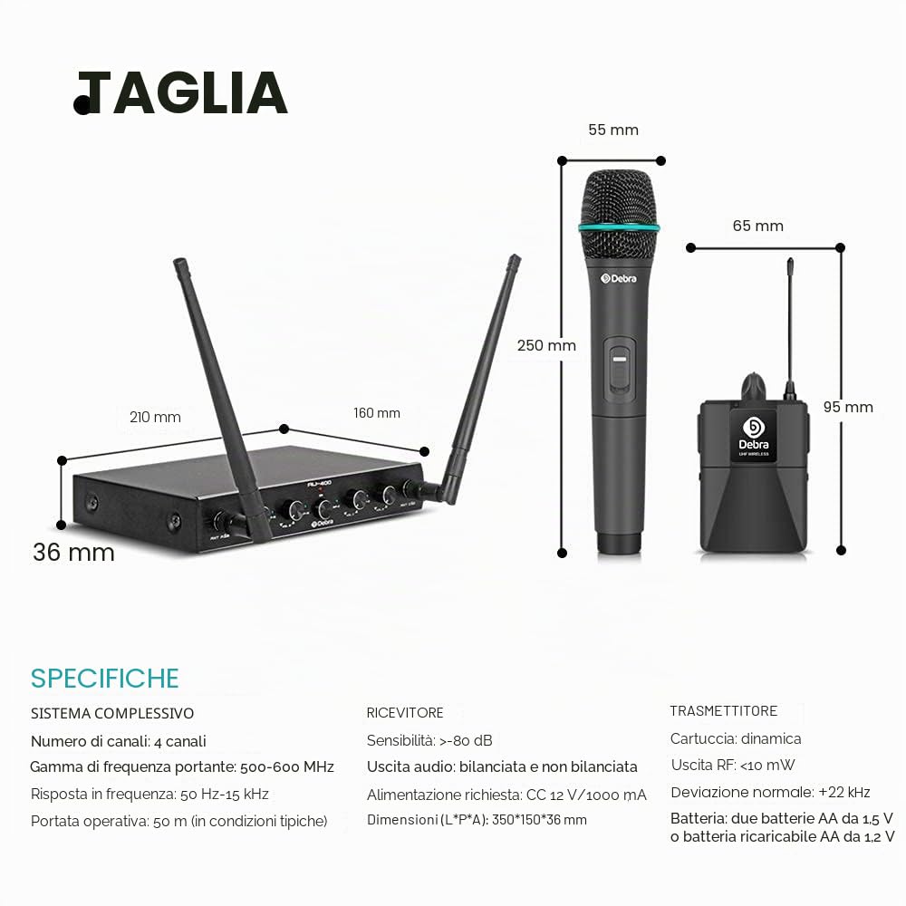 Debra Audio Pro UHF - Sistema di microfono wireless a 4 canali, con microfono lavalier, ricevitore in metallo, ideale per karaoke, feste di karaoke (4 Palmare (A))