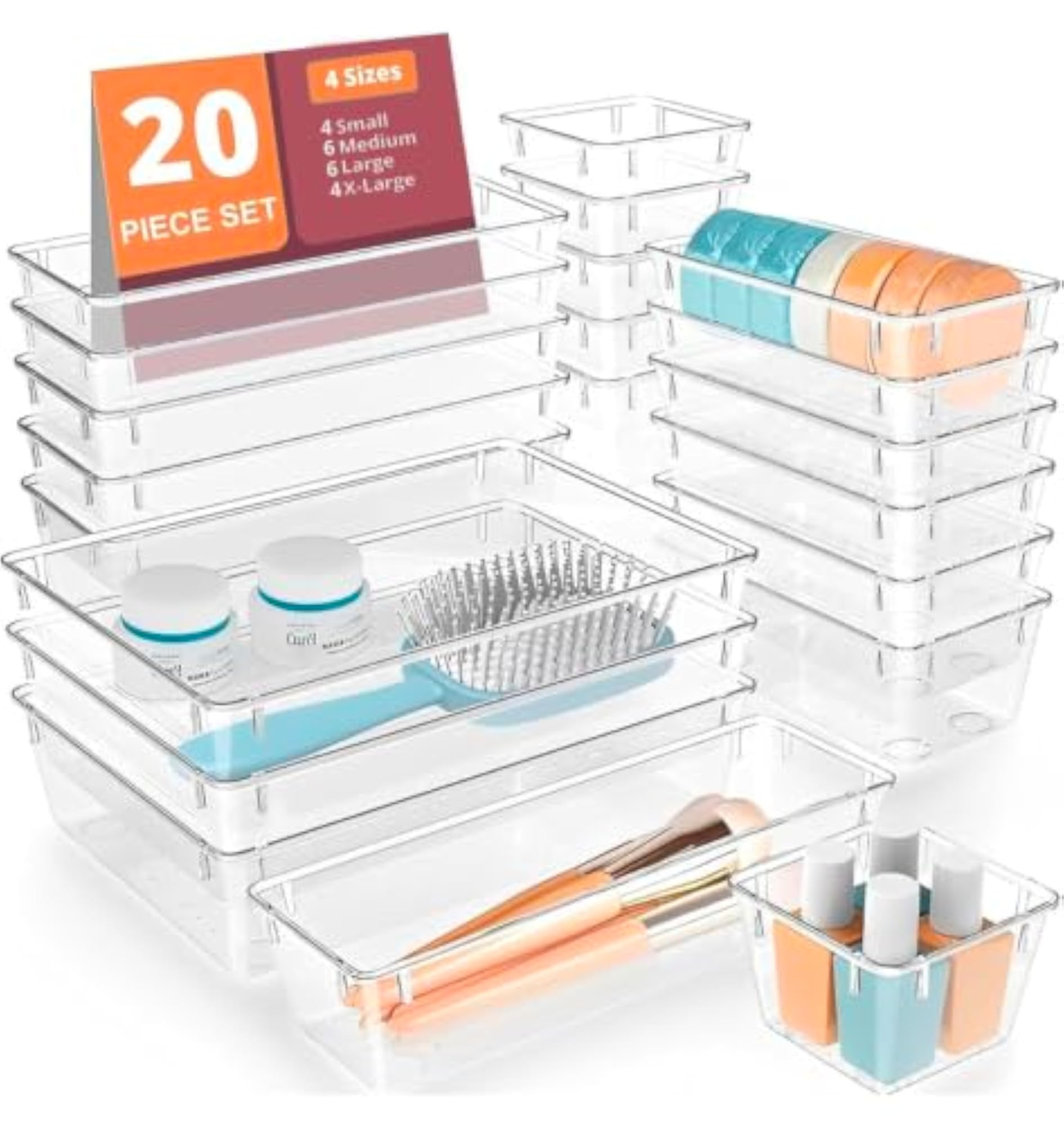 Clear Plastic Drawer Organizer Tray Set, Pack of 20