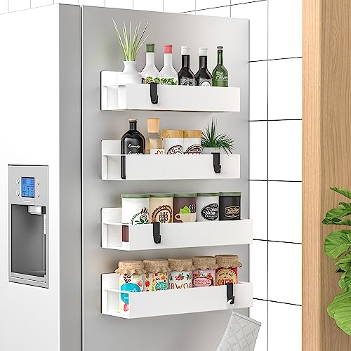 Image of HuggieGems Metal Magnetic Spice Rack for Refrigerator with Hooks White | Magnetic Shelves Heavy Duty for Fridge in Kitchen, Seasoning Storage Organizer, For Oven Washer and Dryer, For Heavier Items