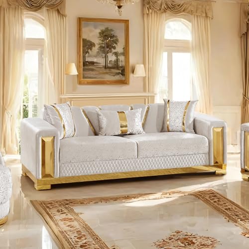 Image of Furniture of America Samison II Glam Solid Wood Upholstered Couch with Accent Pillows, Damask Pattern and Gold Base, Comfortable Sofa for Living Room, Bedroom, Office, Beige