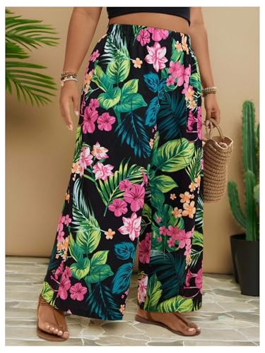 MakeMeChic Women's Plus Size Floral Palazzo Pants Elastic Waist Wide Leg Tropical Print Summer Trousers4