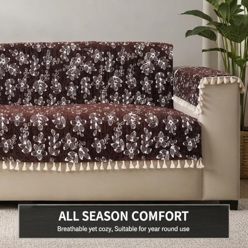Image of STITCHNEST Woven Fabric Sofa Cover 3 Seater with 2 Hand Rest Covers - Washable Brown Sofa Cover with Tassels - Durable Premium Fabric - Stylish Sofa Protector for Living Room & Furniture Decor