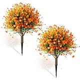 Yunlly Set of 2 Thanksgiving Fall Topiary Ball Tree Thanksgiving Front Porch Decor Outdoor Fake Plants, 23.6 Inch Faux Mums Autumn Flowers Shrub Bushes for Indoor Outside Garden(Orange Flowers)