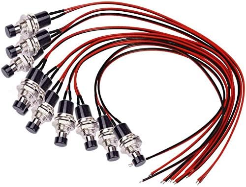 DONJON Momentary Push Button Switch,Mini Button Switch with Pre-soldered 20AWG Wires,SPST 2Pin ON/OFF Push Button Horn Switch for Car, PC, Table Lamp (10Pcs black)