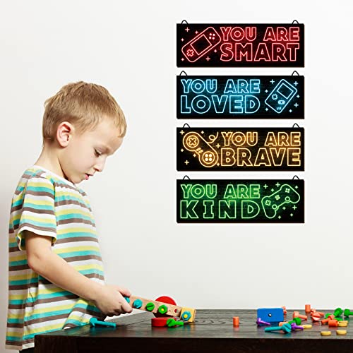 YLOLUL 4pcs Neon Game Art Prints, Wood Wall Art Decor for Boys Room, Gamer Decorations, Inspirational Quote Wall Decor, Modern Home Decor, 12 x 4 Inch, Red by YLOLUL - Image 3