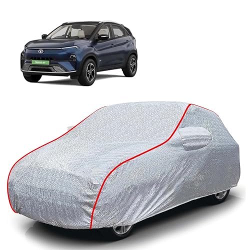 Image of Sulfar 100% Waterproof Car Body Cover Compatible with Mirror for Tata Nexon EV (Triple Stitched, Full Bottom Elastic, Magic Silver with Red Piping)
