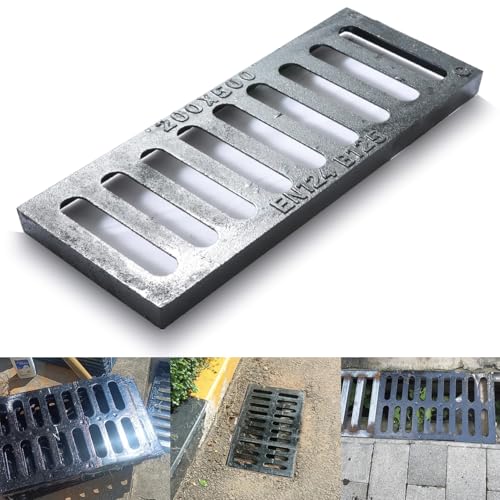 Image of Cast Iron Drain Grate, 8 * 20 in Outdoor Drain Cover, Heavy Duty B125 Class Channel Grate, Black Square Drainage Grate, Metal Sewer Grate for Concrete Floor, Yard, Driveway & Garage.